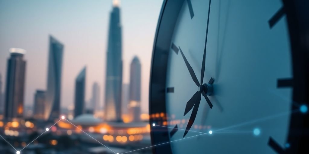 Clock with UAE cityscape, digital overlay.