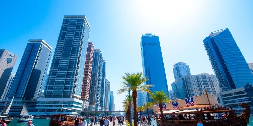 Dubai skyline, diverse businesses.
