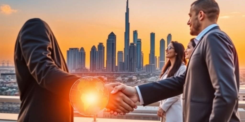 Modern UAE skyline with diverse business people.