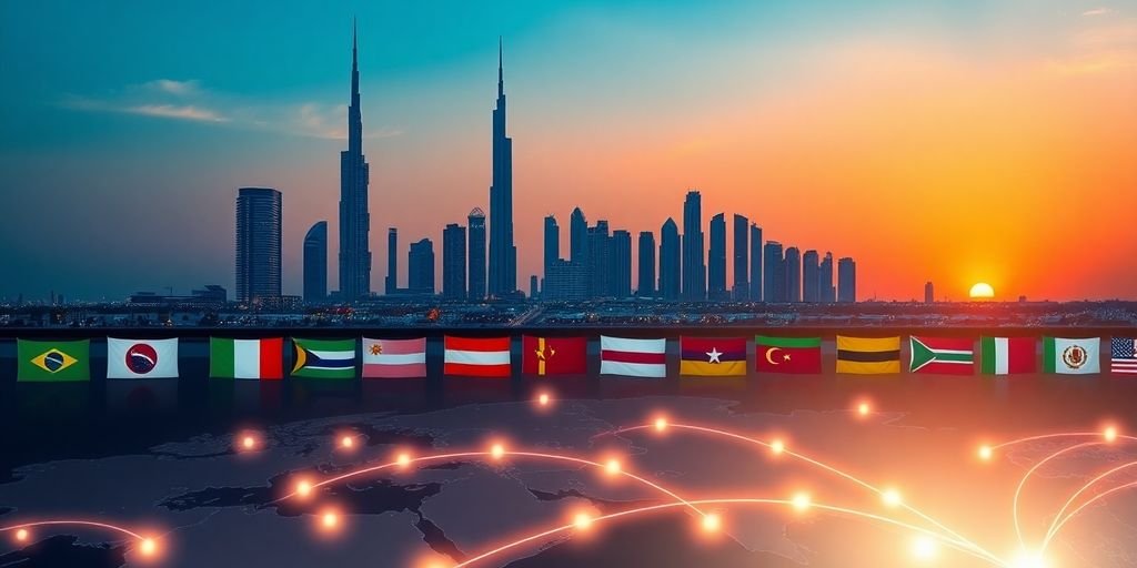 UAE skyline, global flags, connecting lines