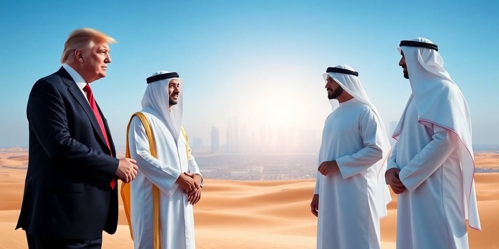 Trump, UAE leaders, handshake, desert backdrop.