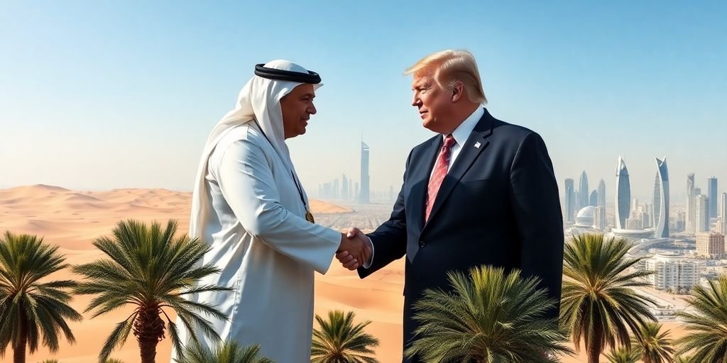 Trump, UAE leader, handshake, desert backdrop, modern city skyline