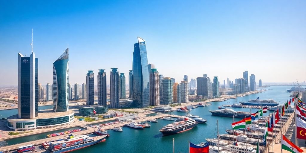UAE skyline with diverse flags.