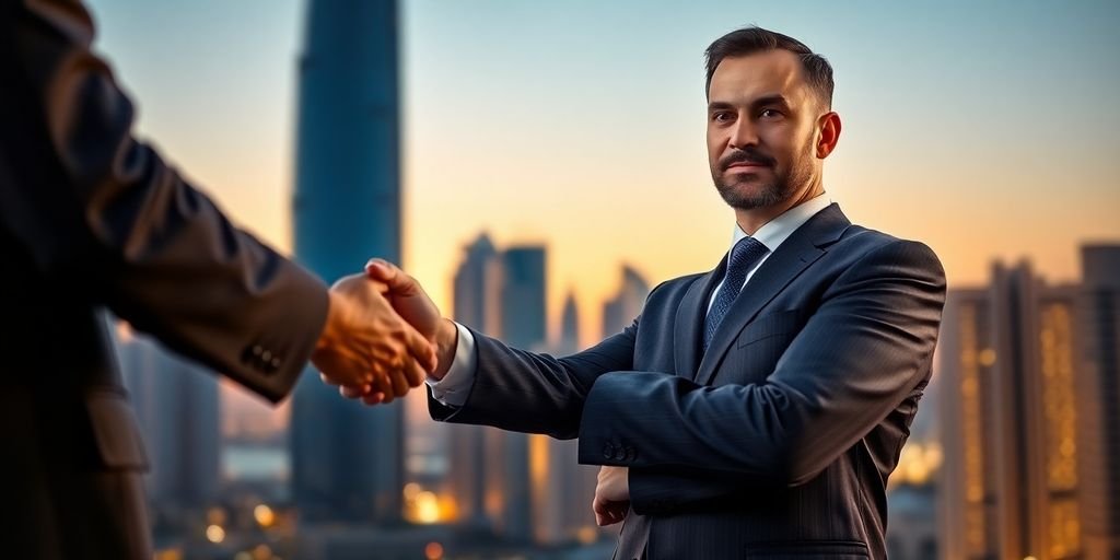 Man in suit, Dubai skyline, handshake.