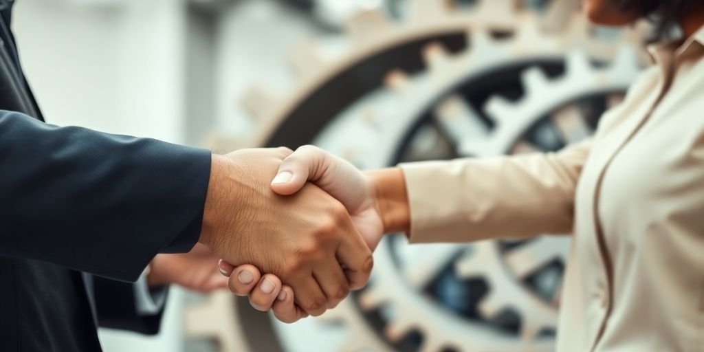 Two people shaking hands, gears turning