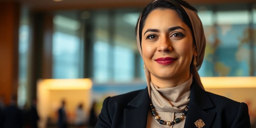 Shaikha Al Nowais stands confidently.