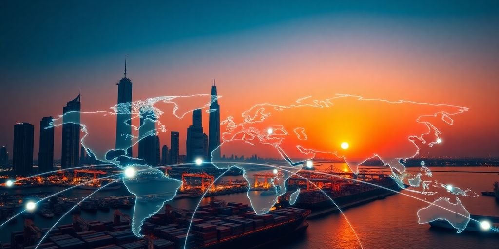 Dubai skyline, trade ships, global markets.