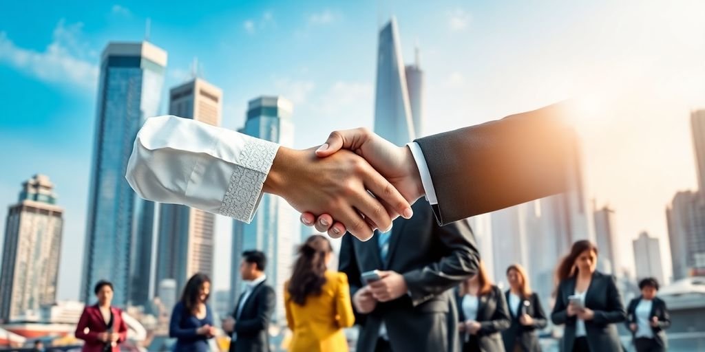 UAE skyline, handshake, diverse business people.