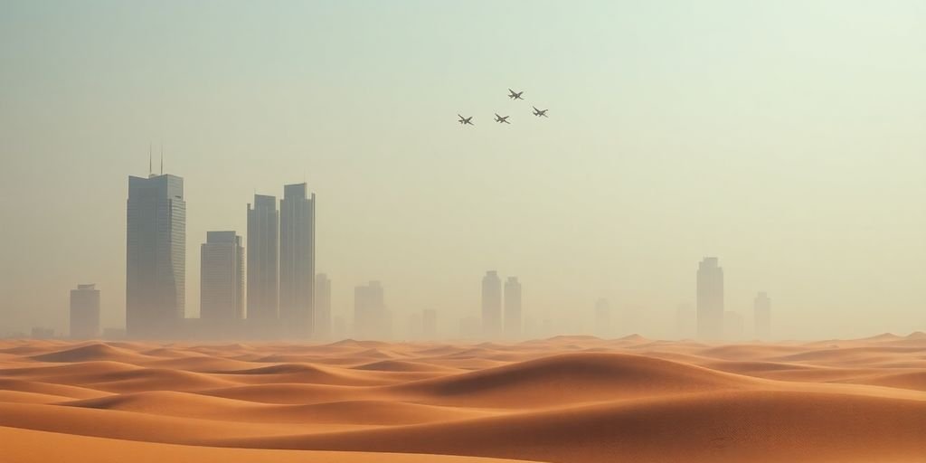 Desert dunes, city skyline, fighter jets