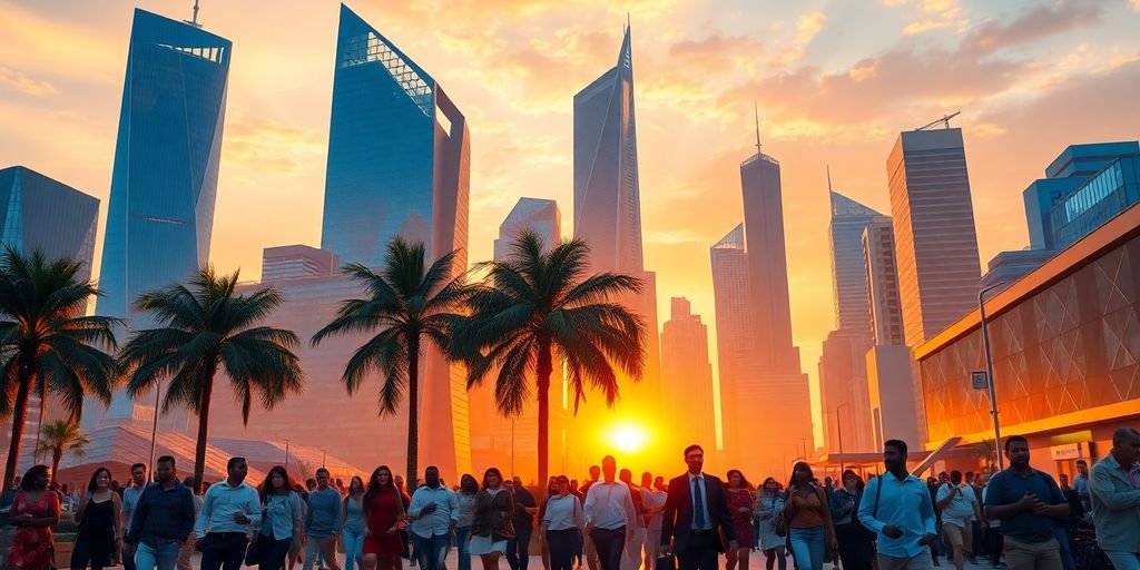 Modern city skyline with diverse people.