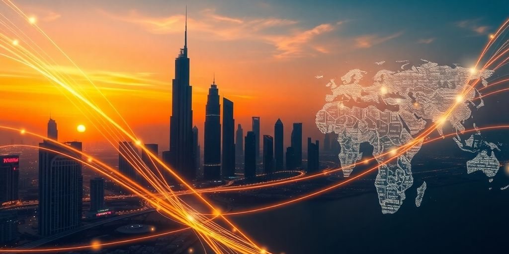 UAE skyline, global map, interconnected lines