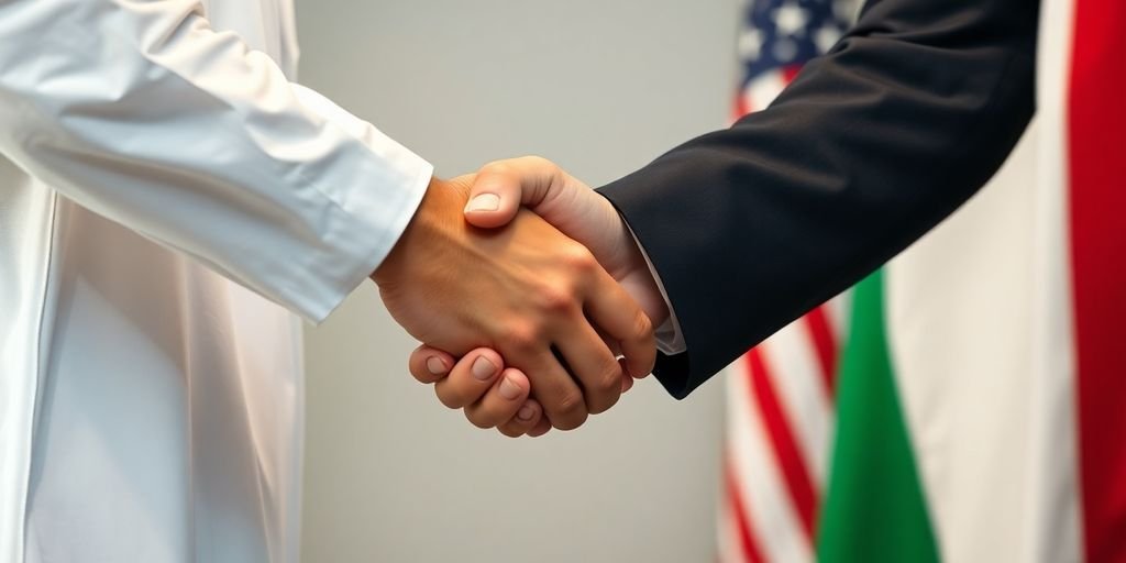 UAE and US flags together, handshake.