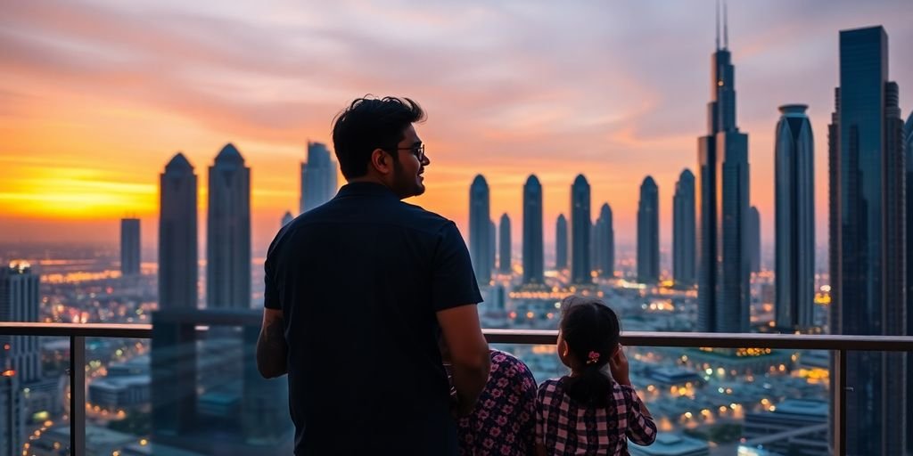 Indian family smiles at Dubai skyline