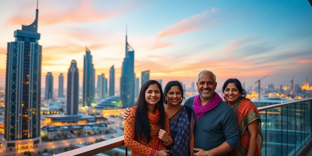 UAE cityscape, Indian family happy on balcony