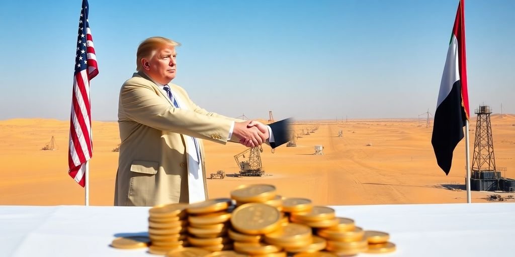 Trump, UAE leader handshake, flags, oil rigs.