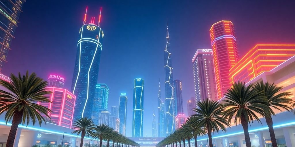 Modern city skyline with digital elements