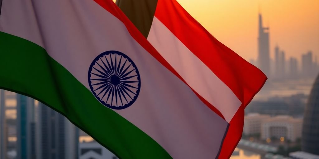 Indian and Emirati flags, Dubai skyline background