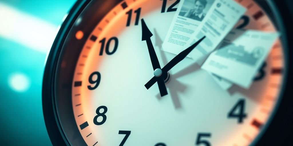 Clock with business documents flying