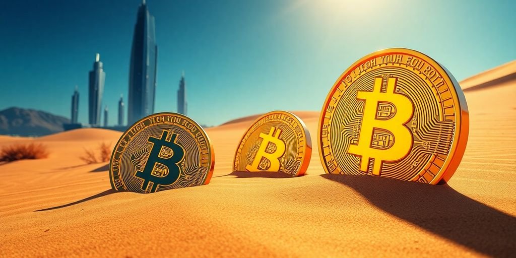 Desert landscape, cryptocurrency, golden coins, futuristic buildings