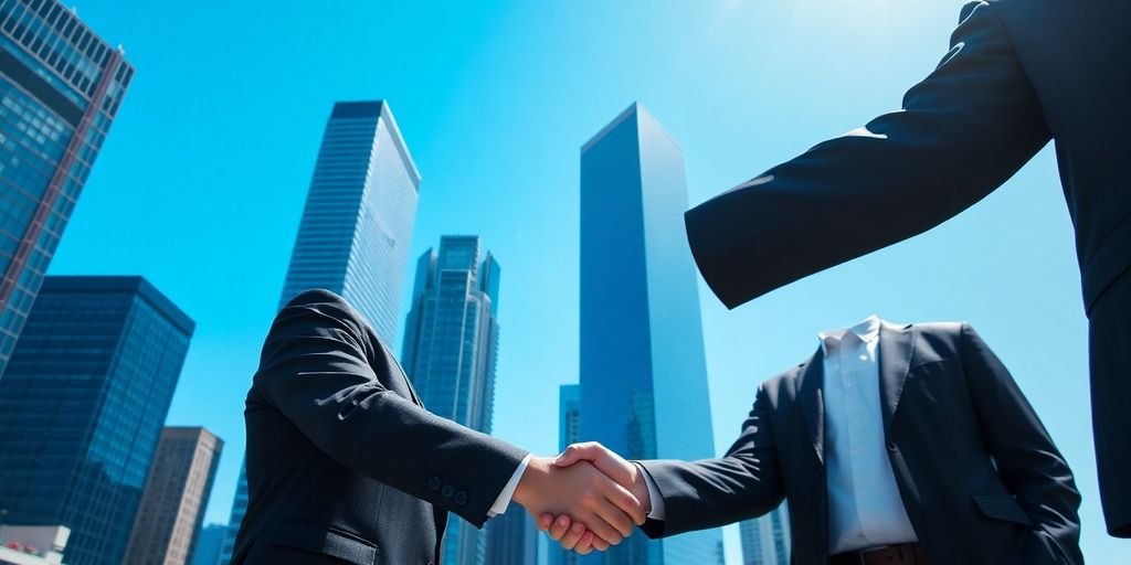 Two business people shaking hands, modern city backdrop.