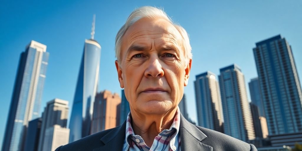 Fredriksen in front of Dubai skyline.