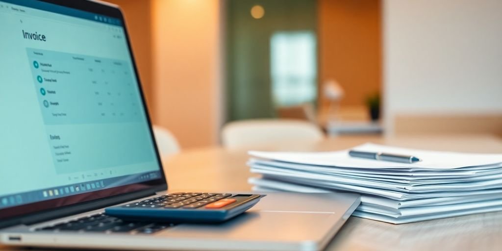 Laptop, calculator, and financial documents.