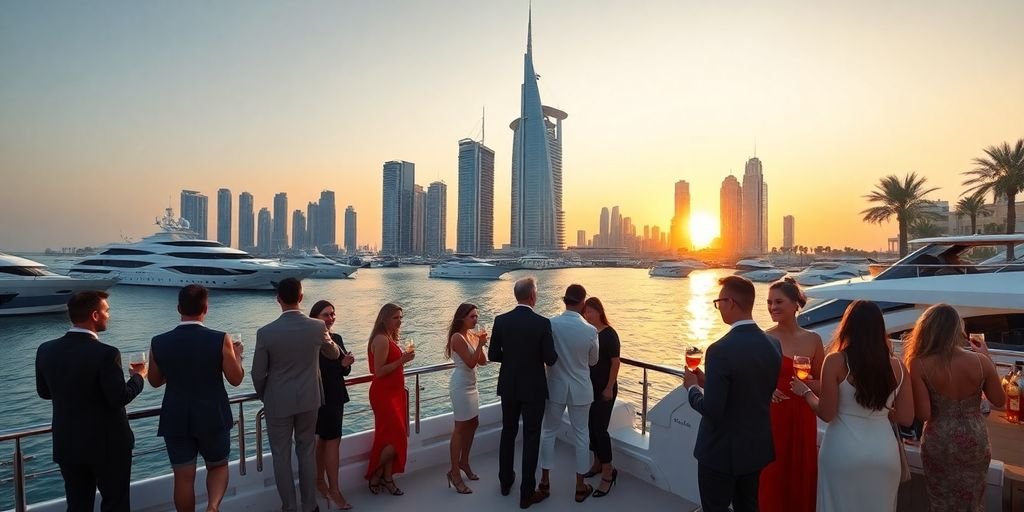 Dubai skyline, luxury yachts, wealthy figures.