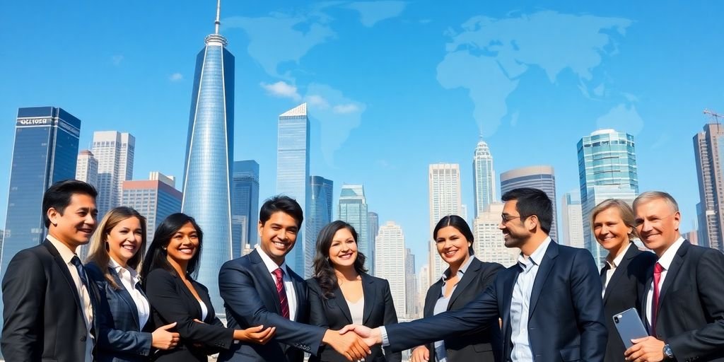 Modern city skyline with diverse business people.